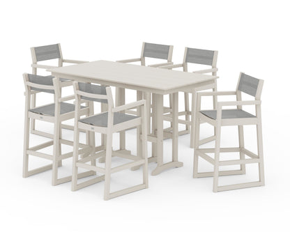 POLYWOOD® EDGE Sling Arm Chair 7-Piece Farmhouse Bar Set in Sand / Metallic Sling