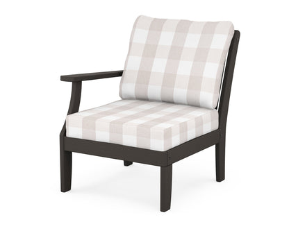 POLYWOOD® Braxton Modular Left Arm Chair in Vintage Coffee / Buffalo Plaid Dune Burlap