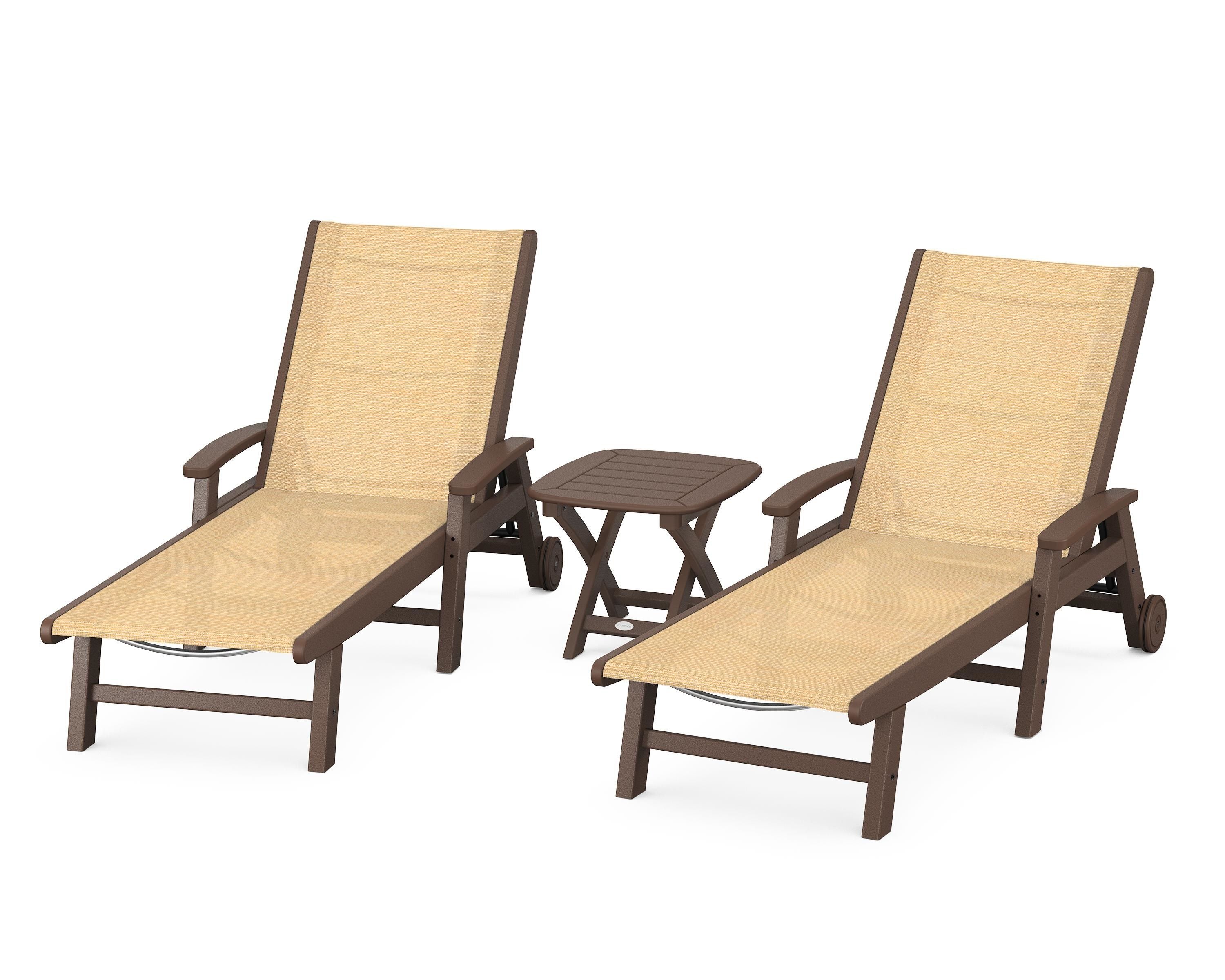 POLYWOOD® Coastal 3-Piece Wheeled Chaise Set in Mahogany / Dupioni Apricot Sling