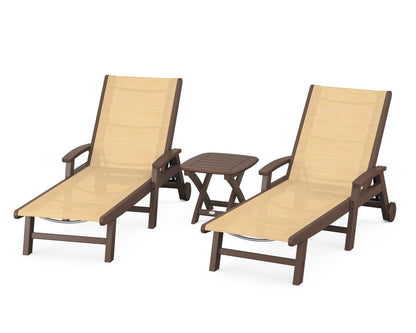 POLYWOOD® Coastal 3-Piece Wheeled Chaise Set in Mahogany / Dupioni Apricot Sling