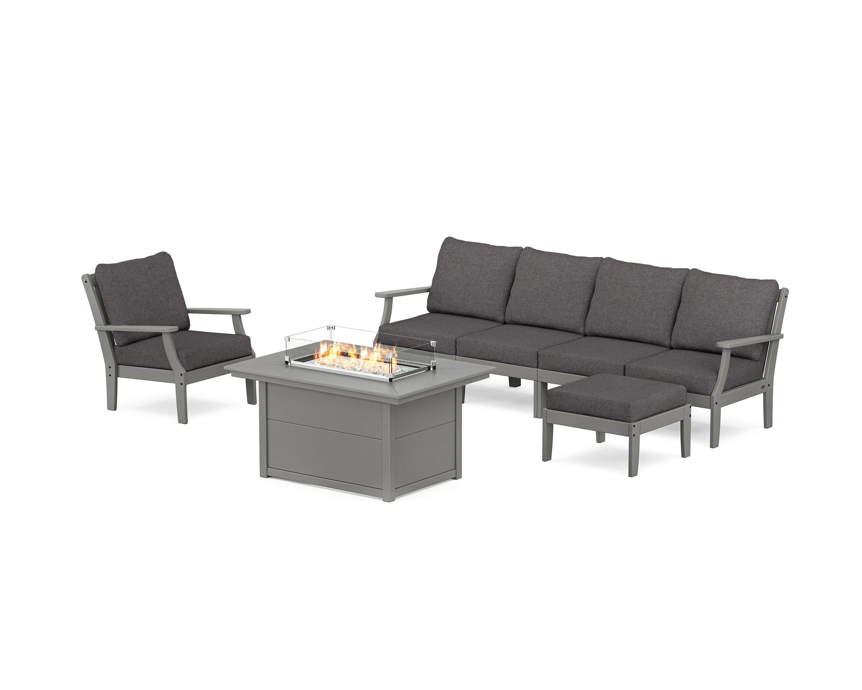 POLYWOOD® Braxton Sectional Lounge and Fire Pit Set in Slate Grey / Ash Charcoal