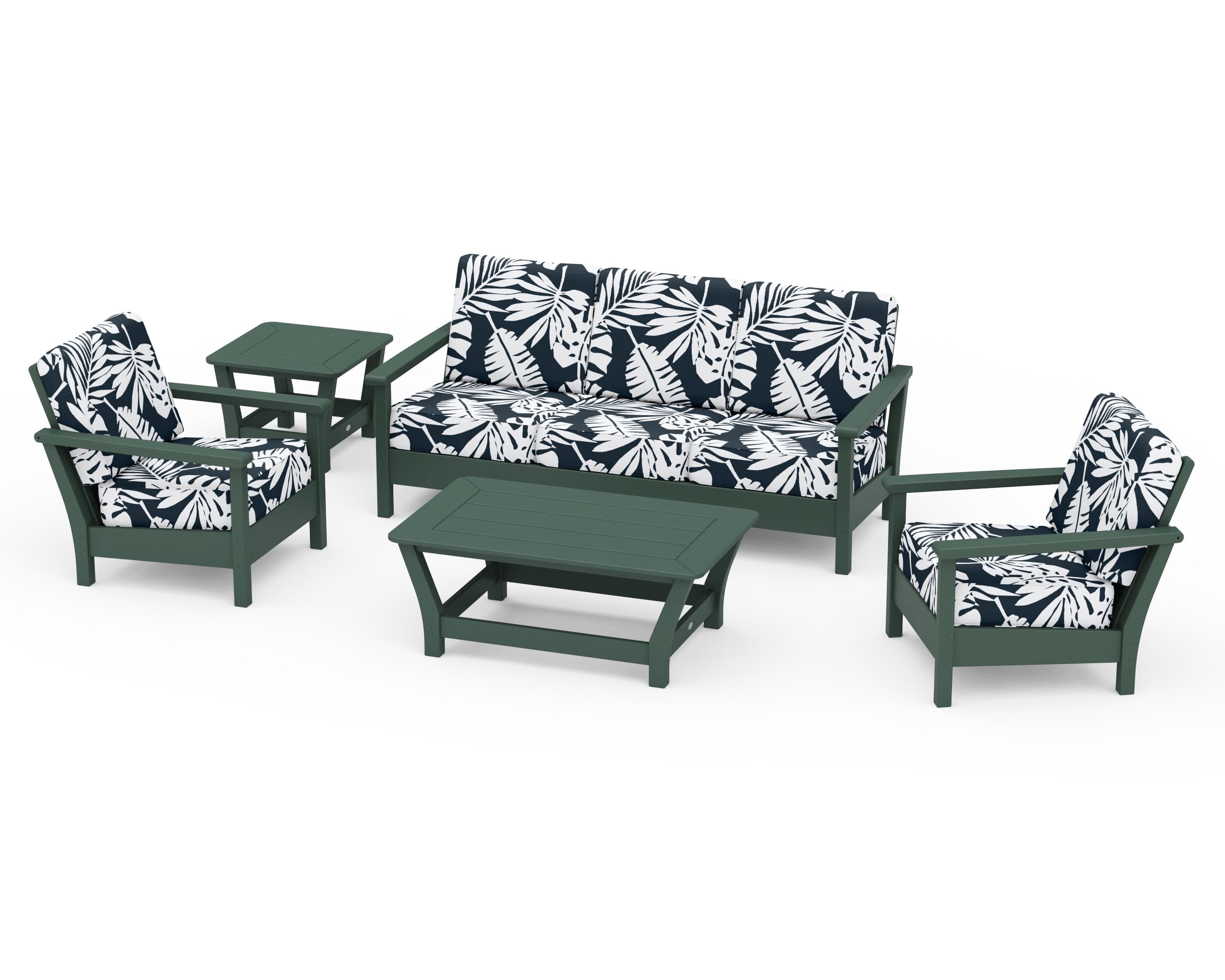 POLYWOOD® Harbour 5-Piece Deep Seating Set in Green / Leaf Marine Indigo