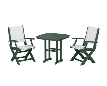POLYWOOD® Coastal Folding Chair 3-Piece Dining Set in Green / White Sling