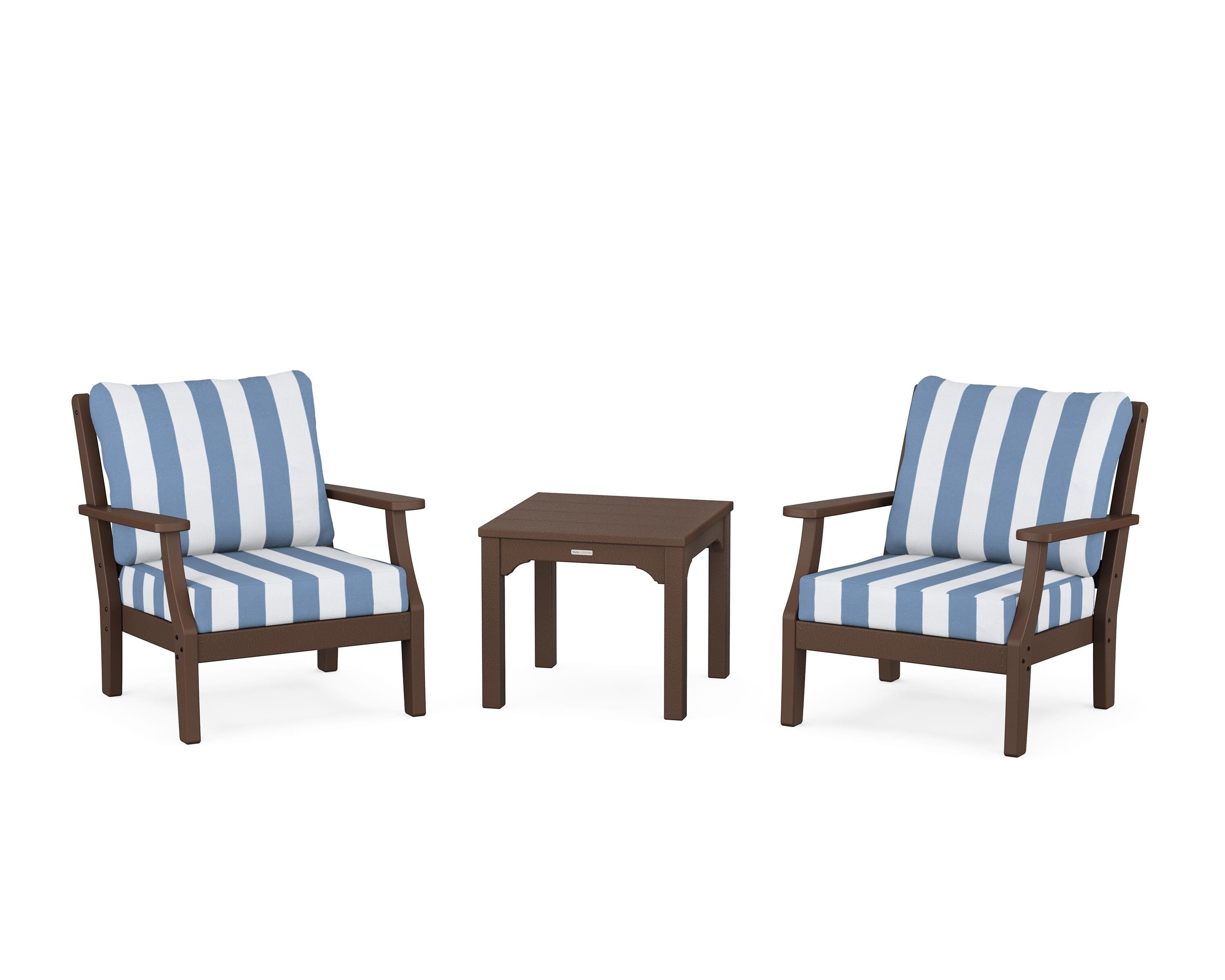Martha Stewart by POLYWOOD® Chinoiserie 3-Piece Deep Seating Set in Mahogany / Cabana Stripe Sky Blue