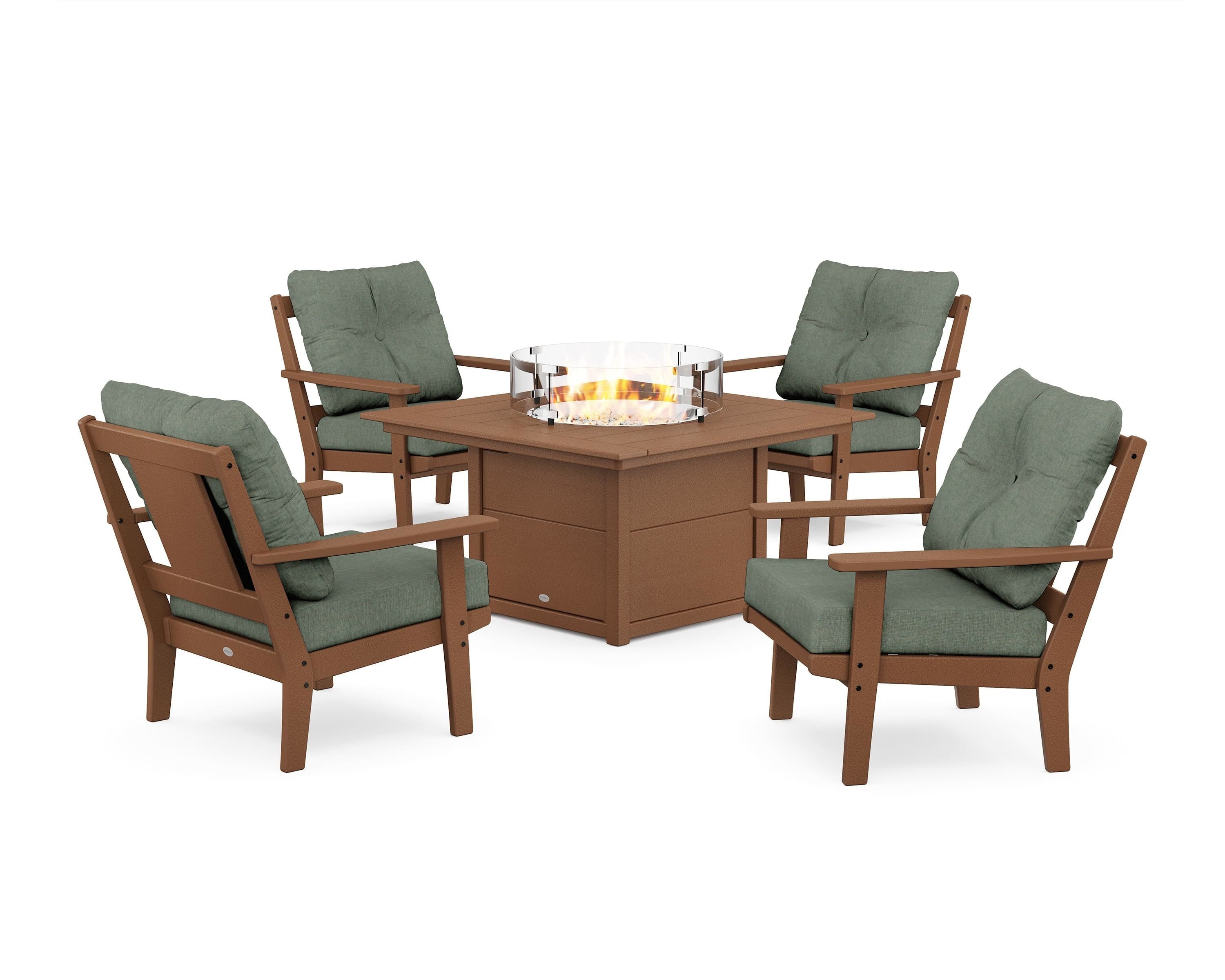 POLYWOOD® Prairie 5-Piece Deep Seating Set with Fire Pit Table in Teak / Cast Sage