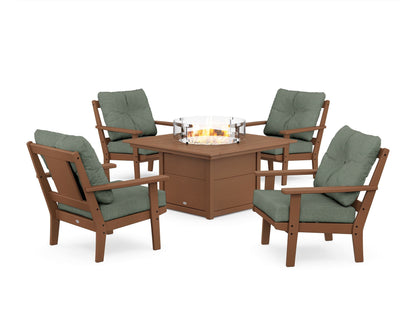 POLYWOOD® Prairie 5-Piece Deep Seating Set with Fire Pit Table in Teak / Cast Sage