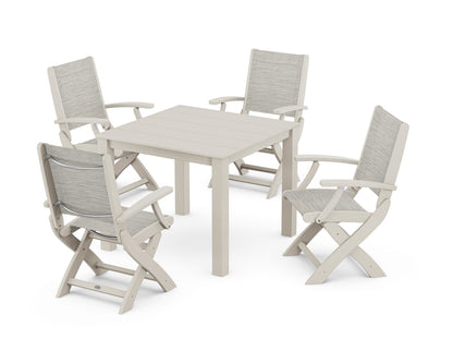 POLYWOOD® Coastal Folding Chair 5-Piece Parsons Dining Set in Sand / Birch Sling
