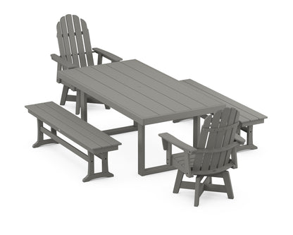 POLYWOOD® Vineyard Curveback Adirondack Swivel Chair 5-Piece Dining Set with Benches in Slate Grey