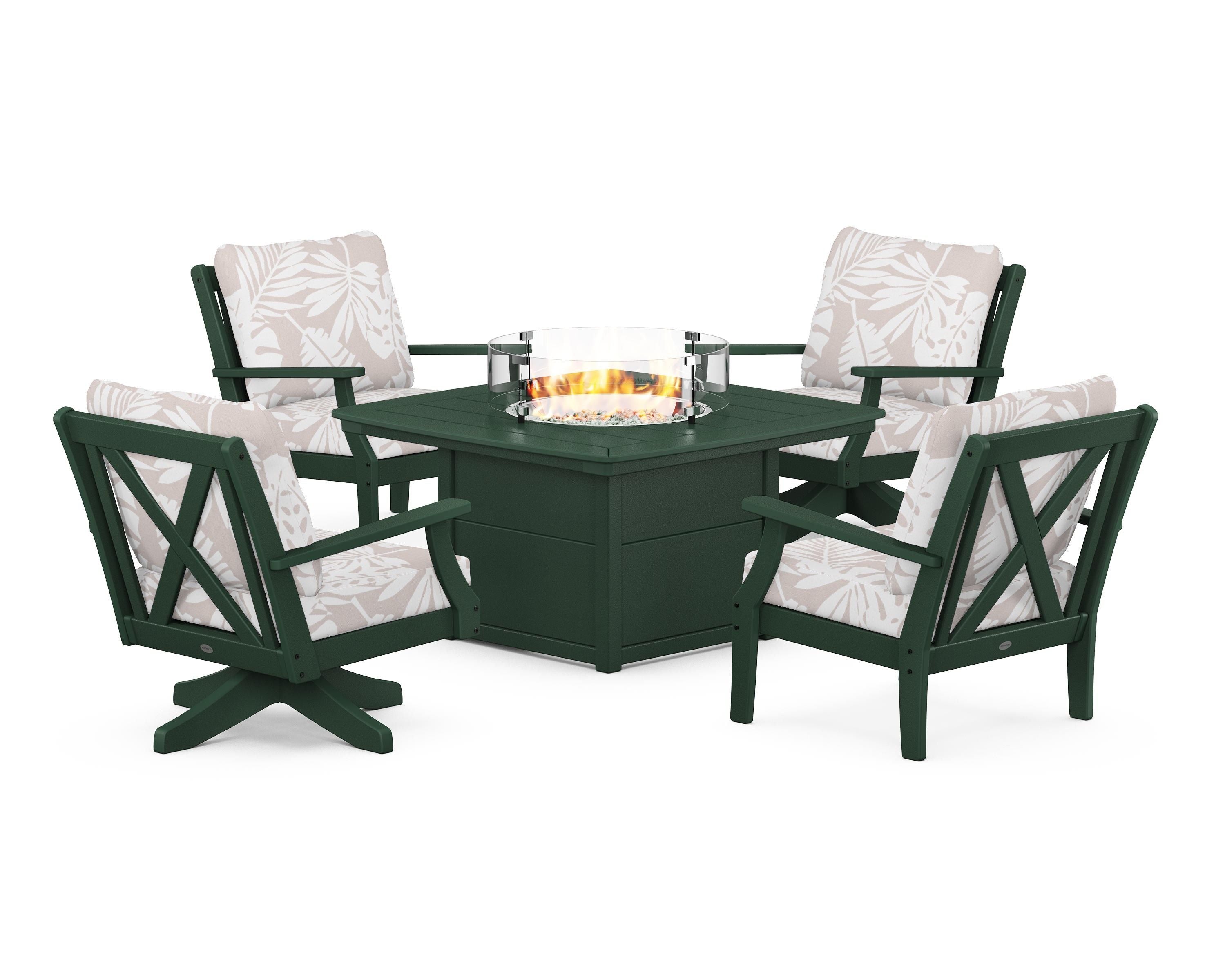 POLYWOOD® Braxton 5-Piece Deep Seating Set with Fire Table in Green / Leaf Dune Burlap