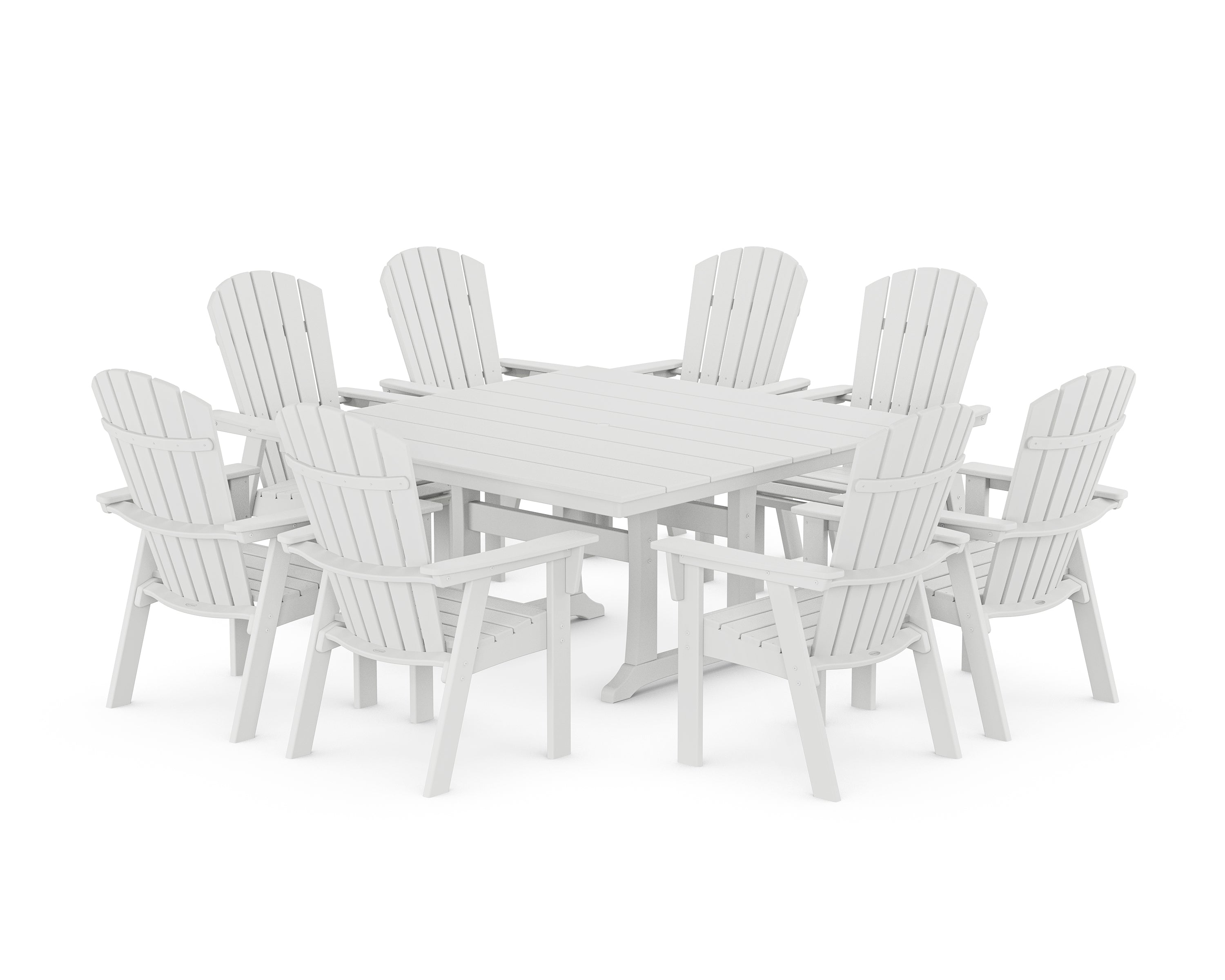 POLYWOOD® Nautical Curveback Adirondack 9-Piece Square Dining Set with Trestle Legs in White