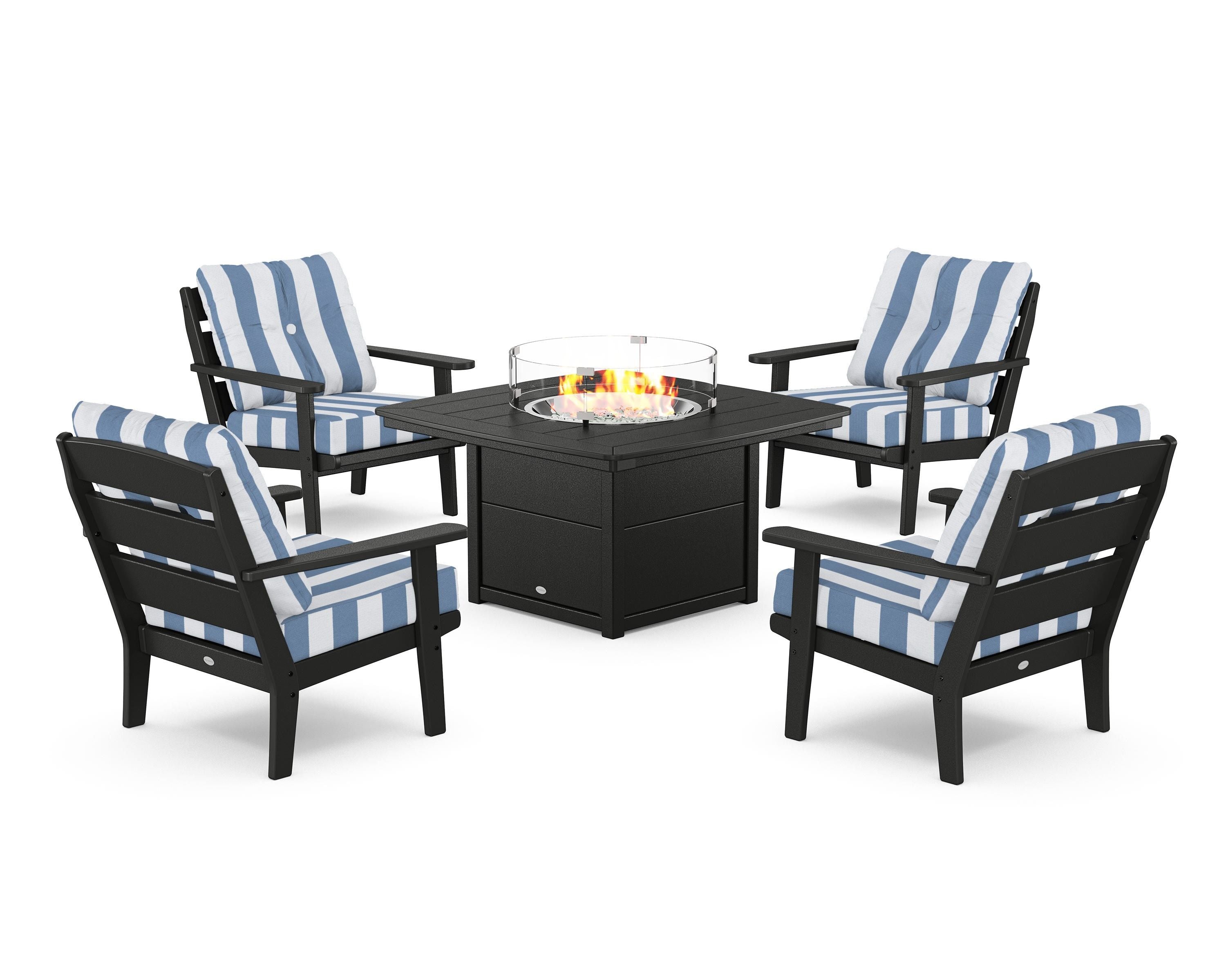 POLYWOOD® Lakeside 5-Piece Deep Seating Set with Nautical Fire Pit Table in Black / Cabana Stripe Sky Blue