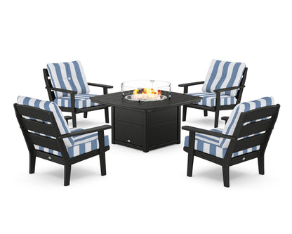 POLYWOOD® Lakeside 5-Piece Deep Seating Set with Nautical Fire Pit Table in Black / Cabana Stripe Sky Blue
