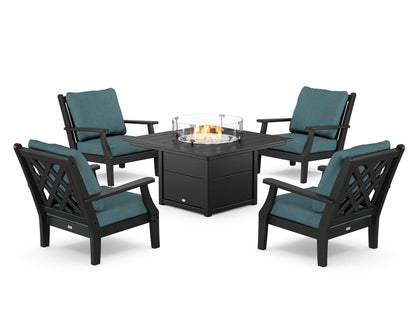 Country Living Wovendale 5-Piece Deep Seating Set with Fire Pit Table in Black / Ocean Teal
