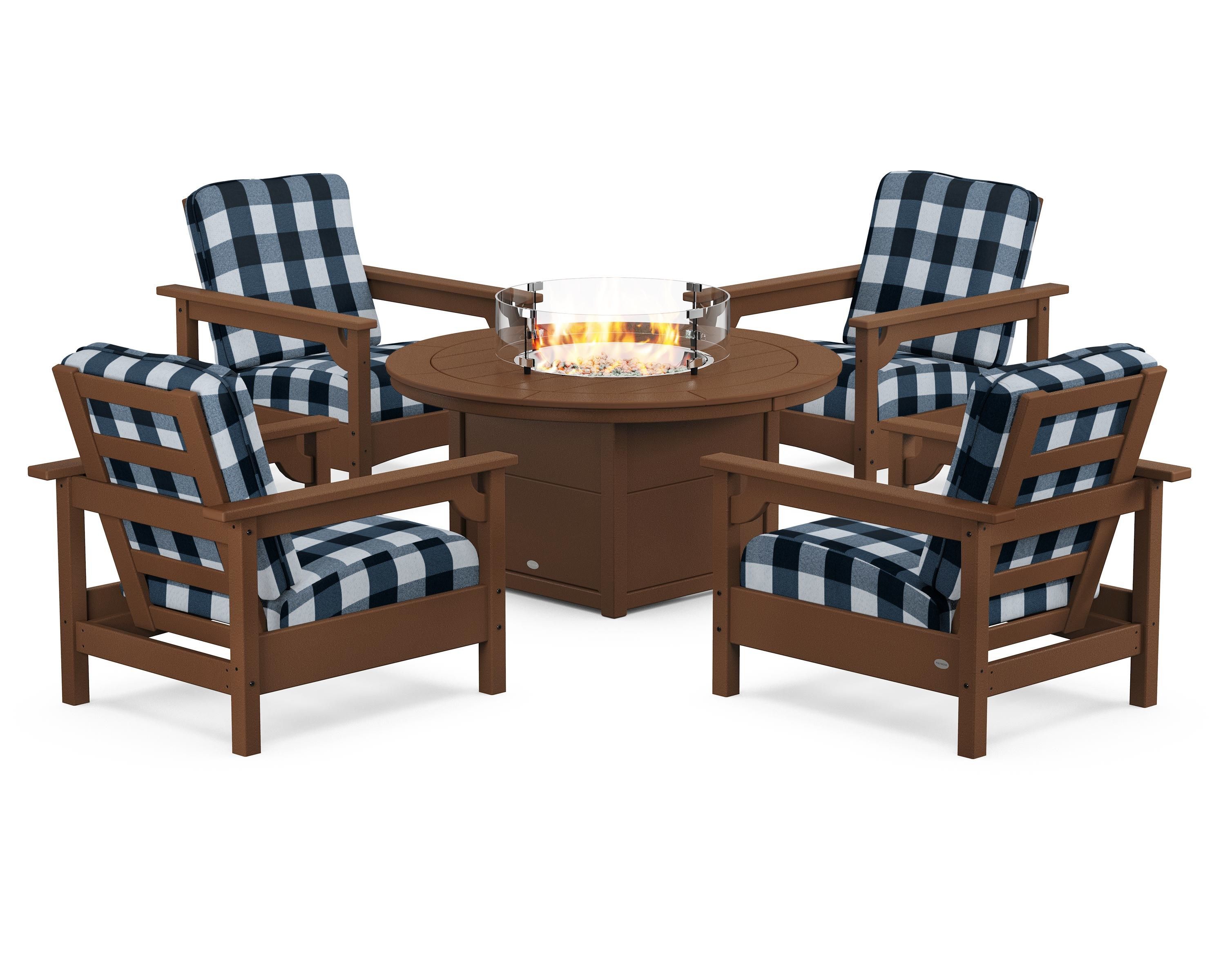 POLYWOOD® Club 5-Piece Conversation Set with Fire Pit Table in Teak / Buffalo Plaid Marine Indigo