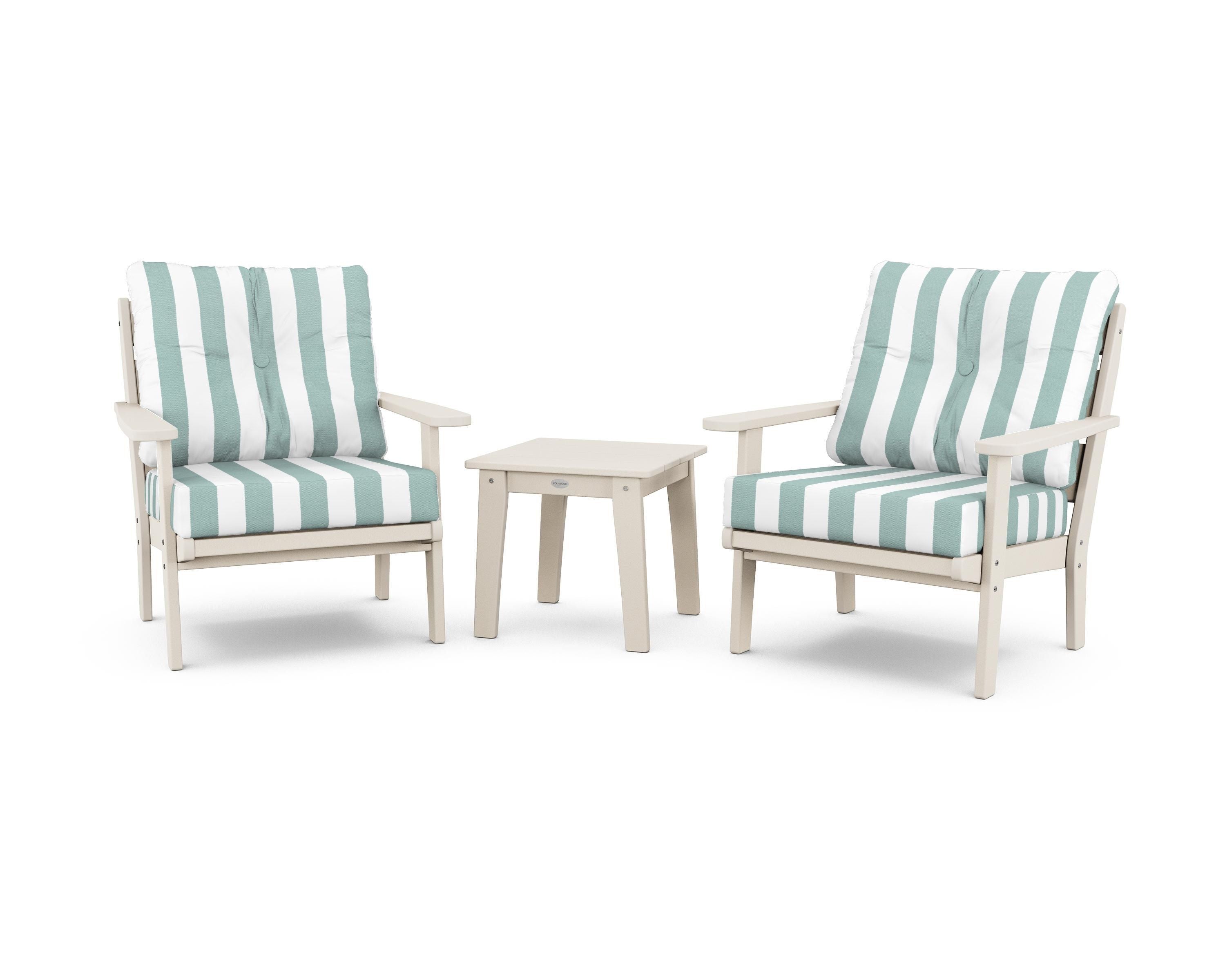 POLYWOOD® Lakeside 3-Piece Deep Seating Chair Set in Sand / Cabana Stripe Glacier Spa