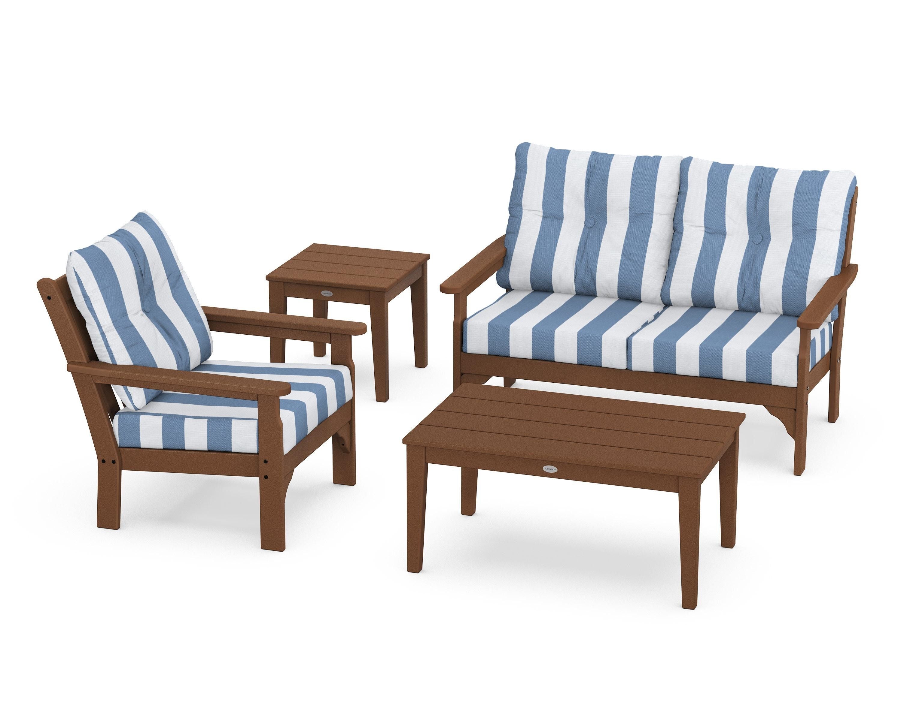 POLYWOOD® Vineyard 4-Piece Deep Seating Set in Teak / Cabana Stripe Sky Blue