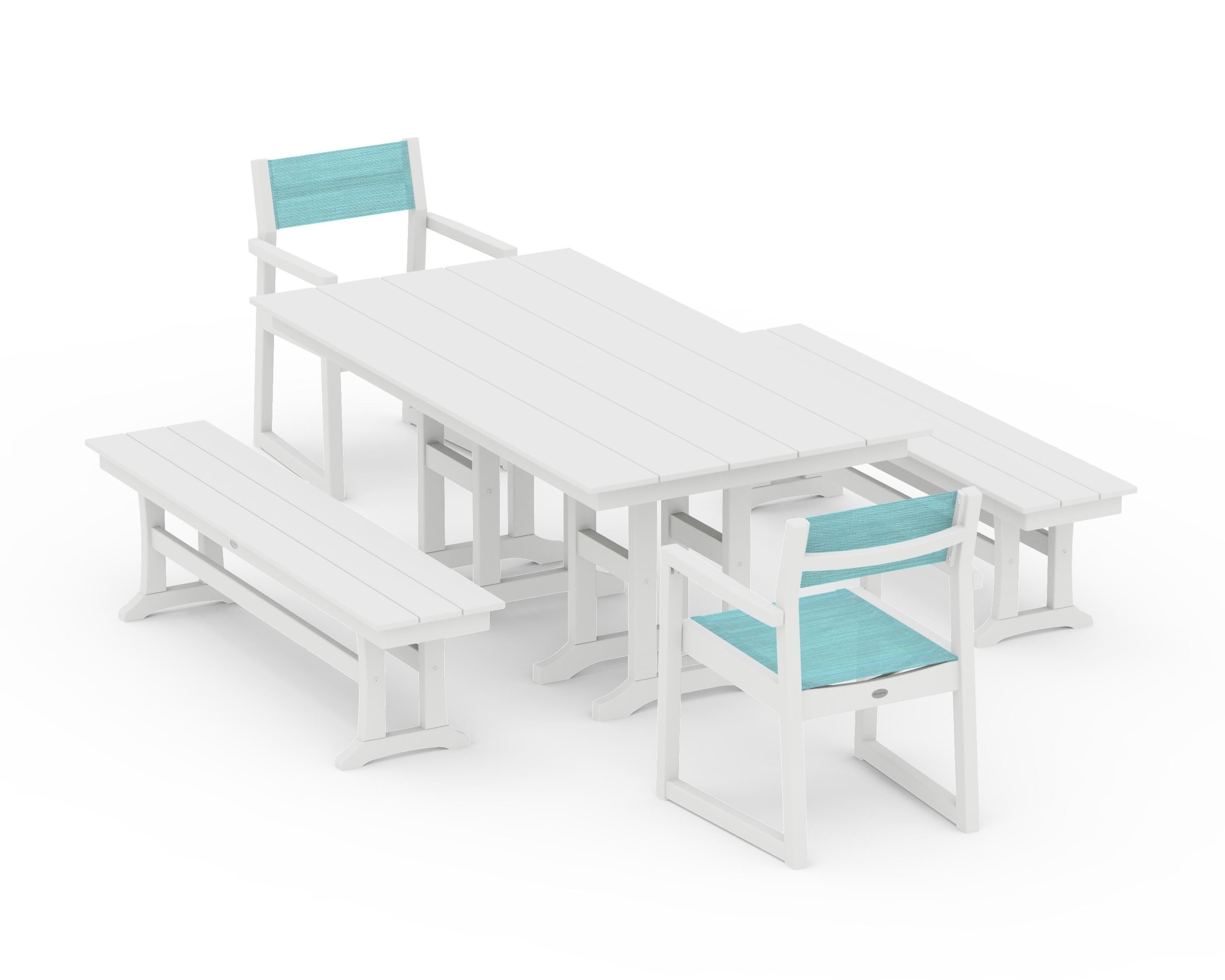 POLYWOOD® EDGE Sling Arm Chair 5-Piece Farmhouse Dining Set with Benches in White / Dupioni Aquamarine Sling
