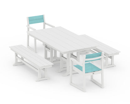 POLYWOOD® EDGE Sling Arm Chair 5-Piece Farmhouse Dining Set with Benches in White / Dupioni Aquamarine Sling