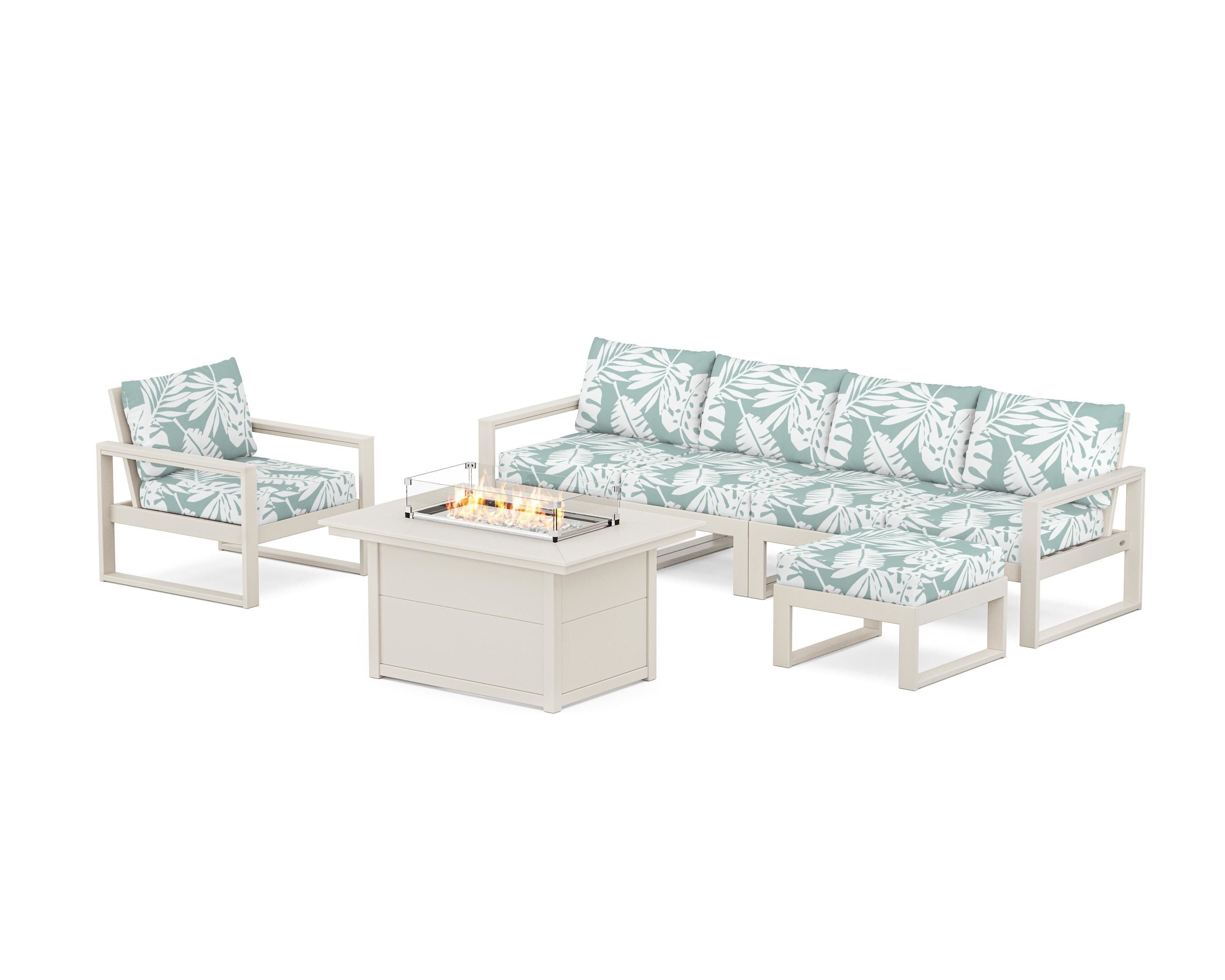 POLYWOOD® EDGE Sectional Lounge and Fire Pit Set in Sand / Leaf Glacier Spa