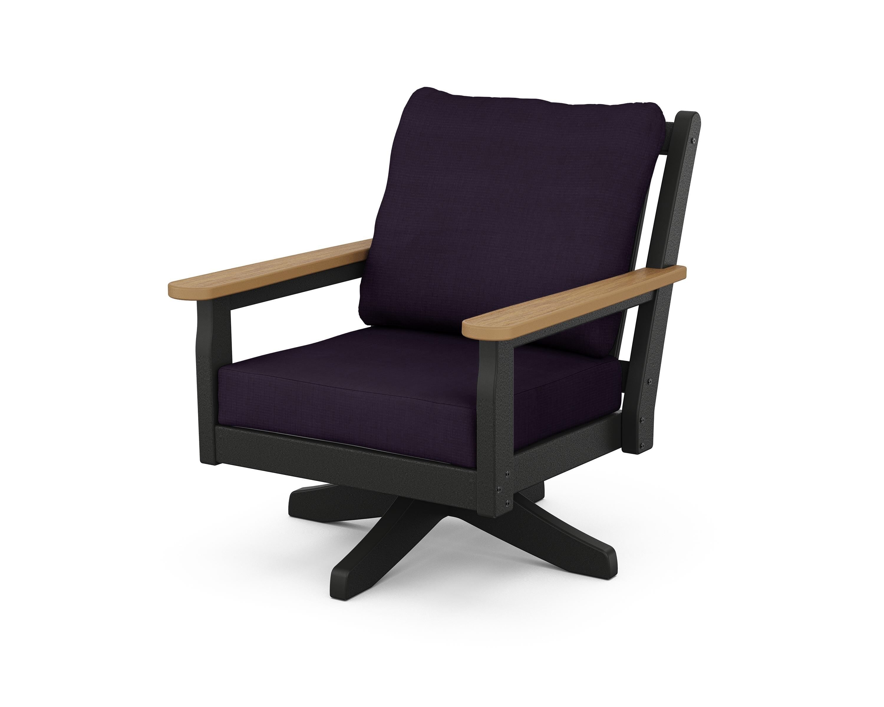 POLYWOOD® Chippendale Deep Seating Swivel Chair in Black / Natural / Navy Linen