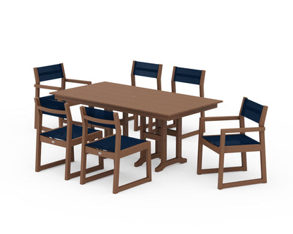 POLYWOOD® EDGE Sling 7-Piece Farmhouse Dining Set in Teak / Navy Blue Sling
