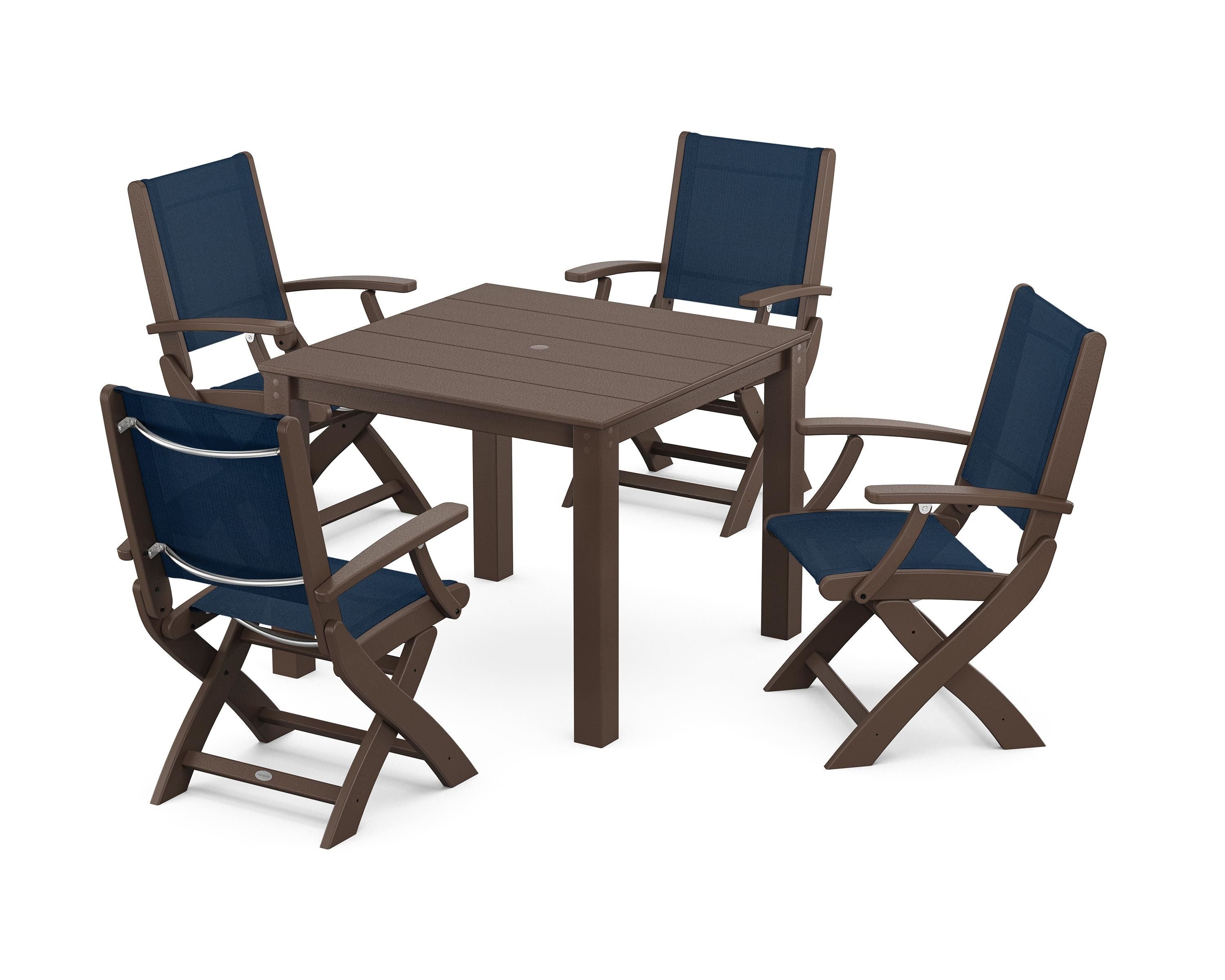 POLYWOOD® Coastal Folding Chair 5-Piece Parsons Dining Set in Mahogany / Navy Blue Sling