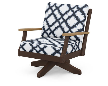 POLYWOOD® Braxton Deep Seating Swivel Chair in Mahogany / Natural / Trellis Marine Indigo