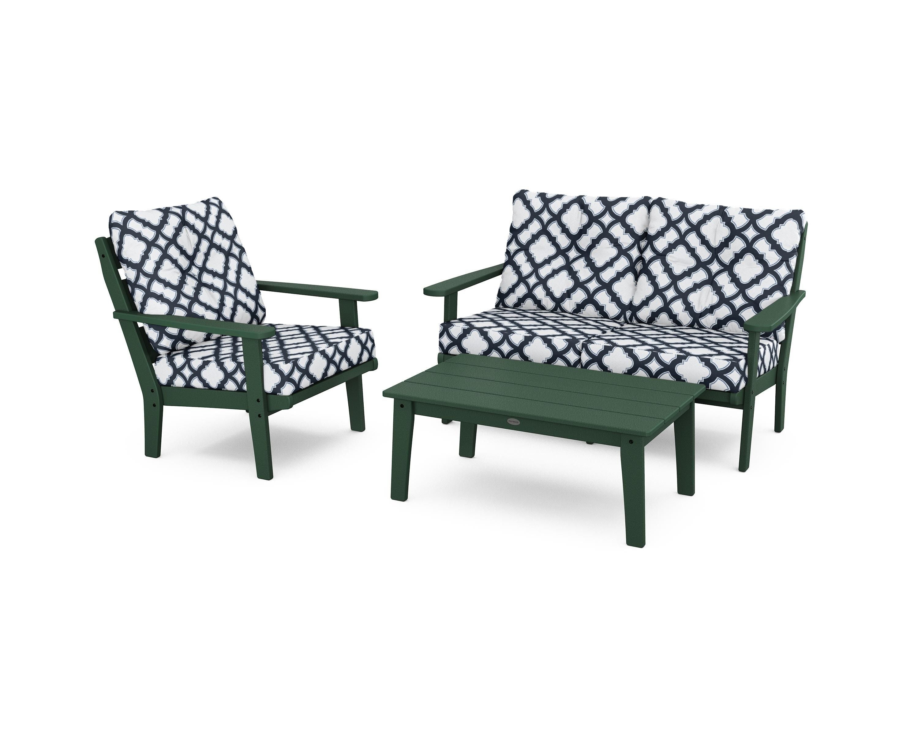 POLYWOOD® Lakeside 3-Piece Deep Seating Set in Green / Trellis Marine Indigo