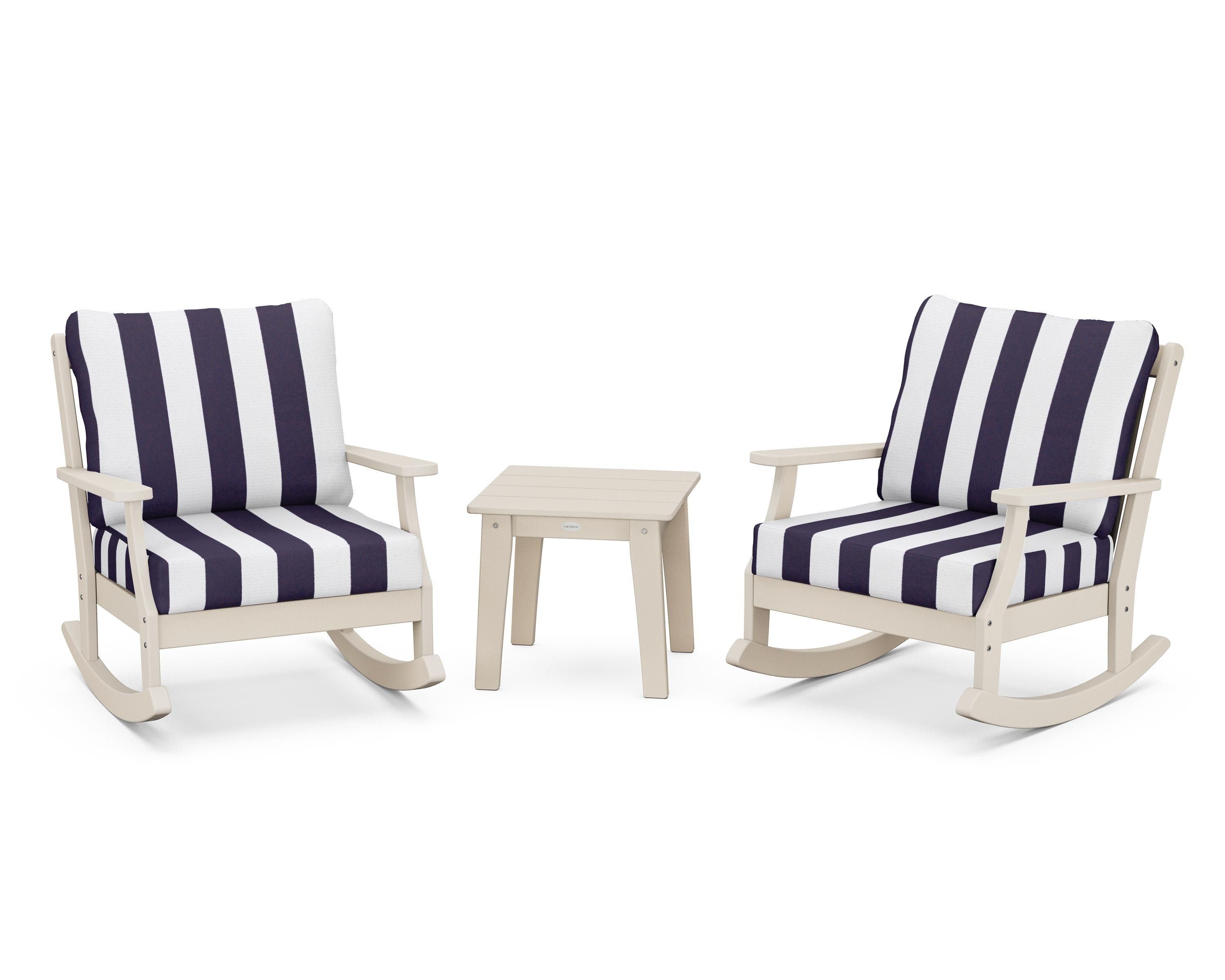 POLYWOOD® Braxton 3-Piece Deep Seating Rocker Set in Sand / Cabana Stripe Navy