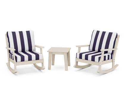 POLYWOOD® Braxton 3-Piece Deep Seating Rocker Set in Sand / Cabana Stripe Navy