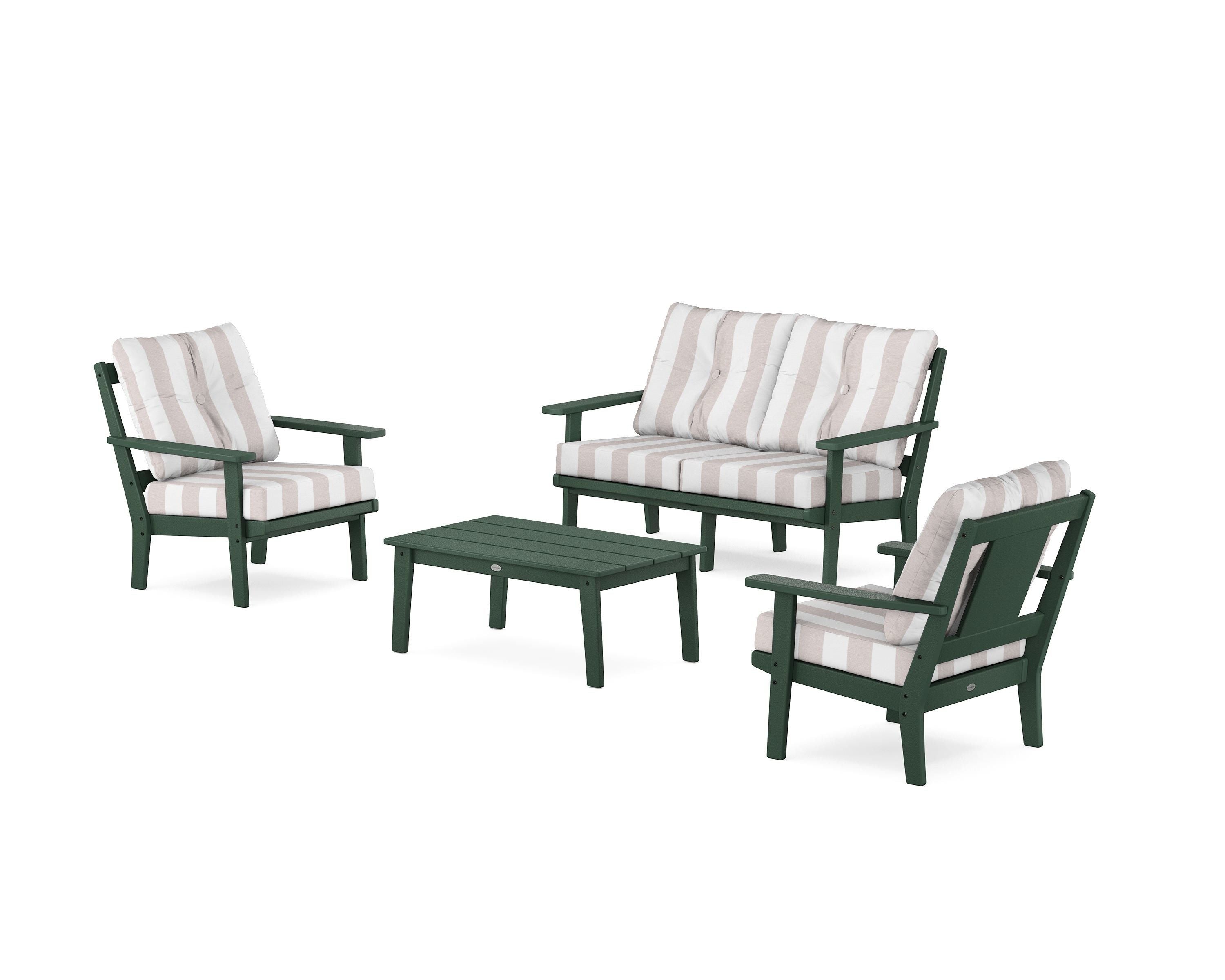 POLYWOOD® Prairie 4-Piece Deep Seating Set with Loveseat in Green / Cabana Stripe Dune Burlap
