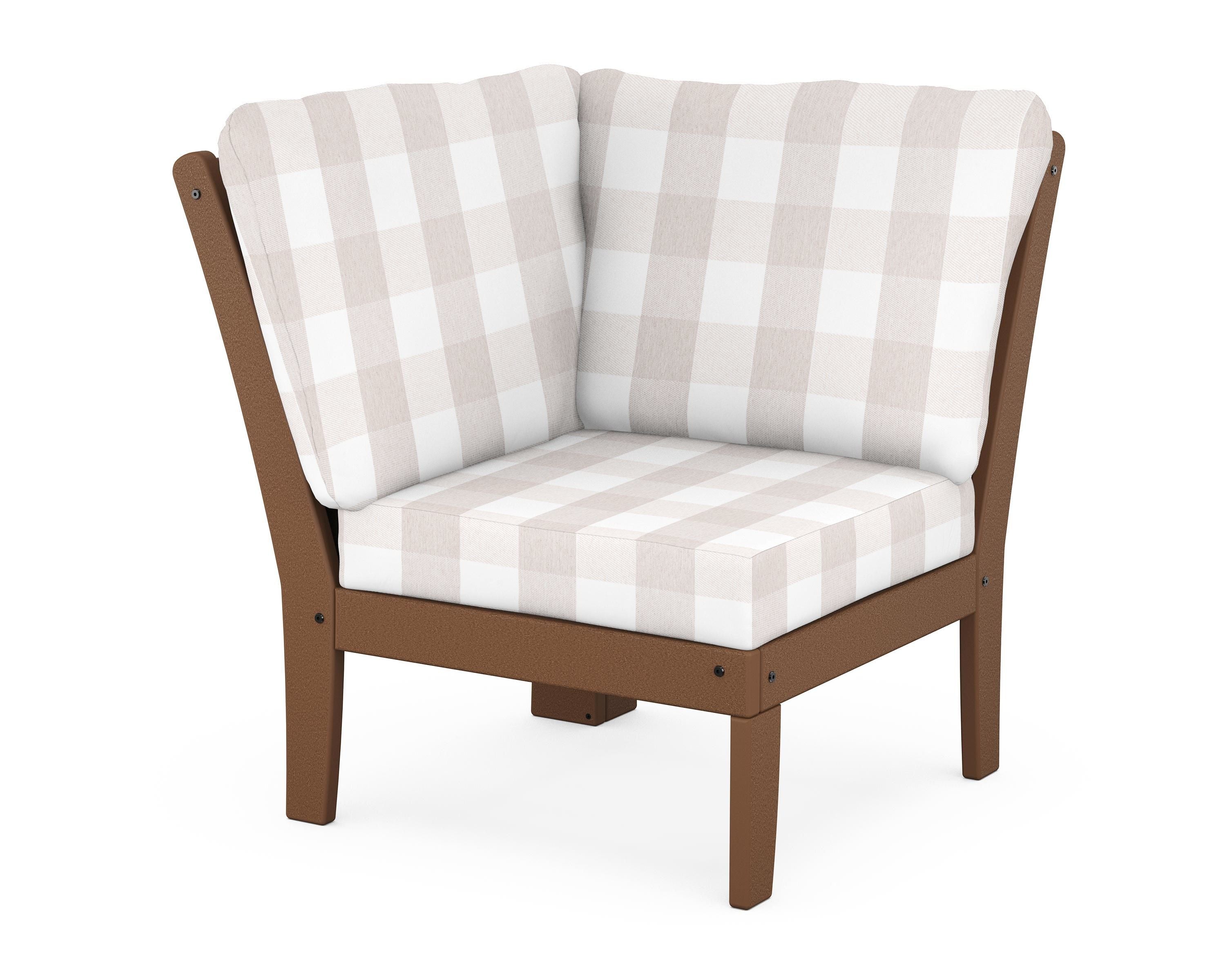 POLYWOOD® Braxton Modular Corner Chair in Teak / Buffalo Plaid Dune Burlap