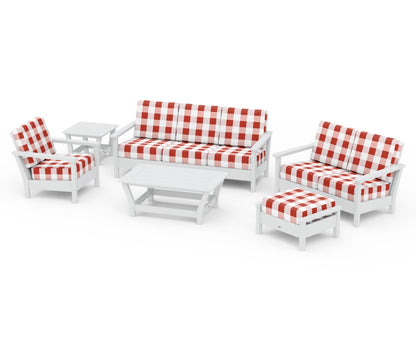 POLYWOOD® Harbour 6-Piece Outdoor Living Set in White / Buffalo Plaid Crimson