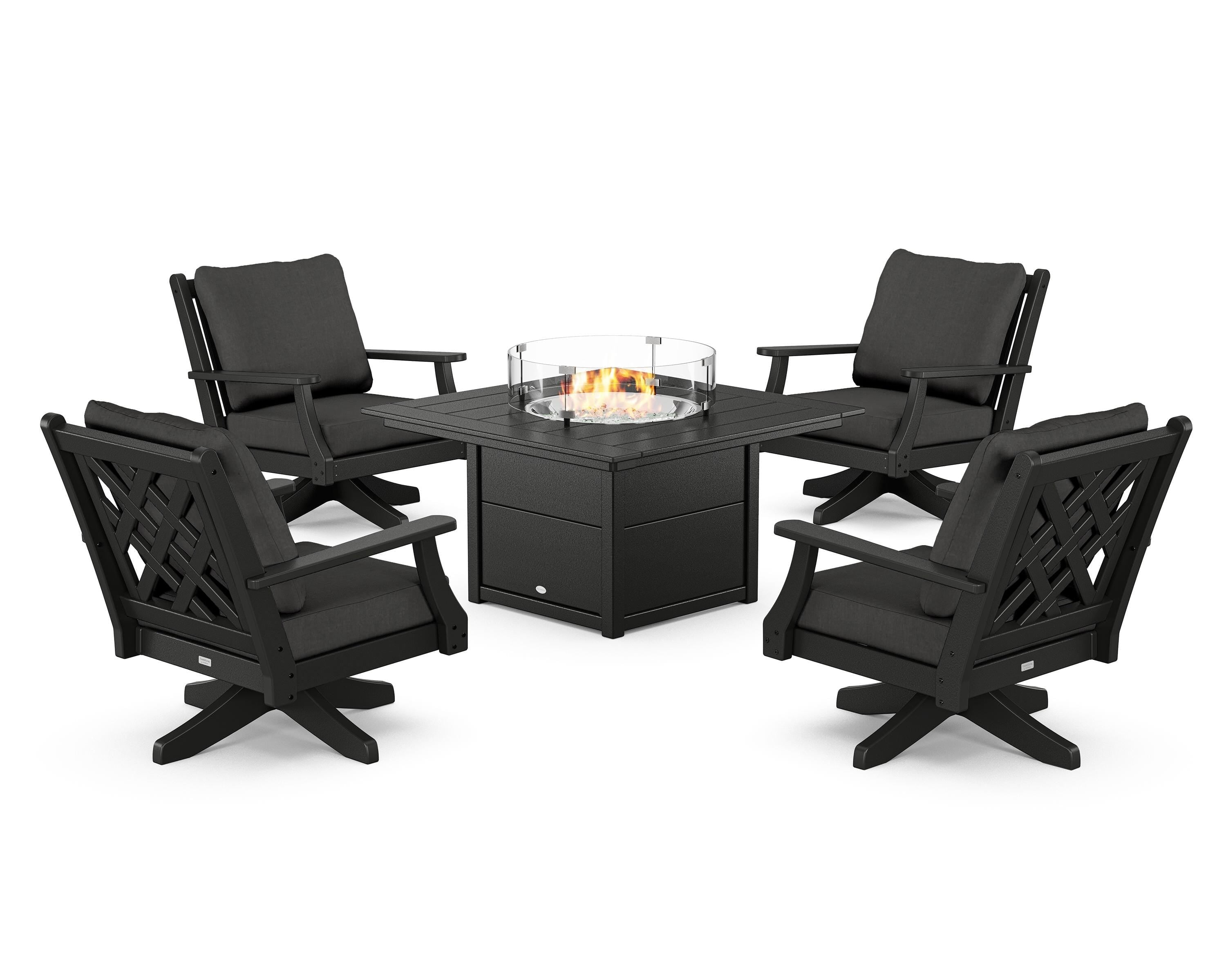 Country Living Wovendale 5-Piece Deep Seating Swivel Conversation Set with Fire Pit Table in Black / Spectrum Carbon