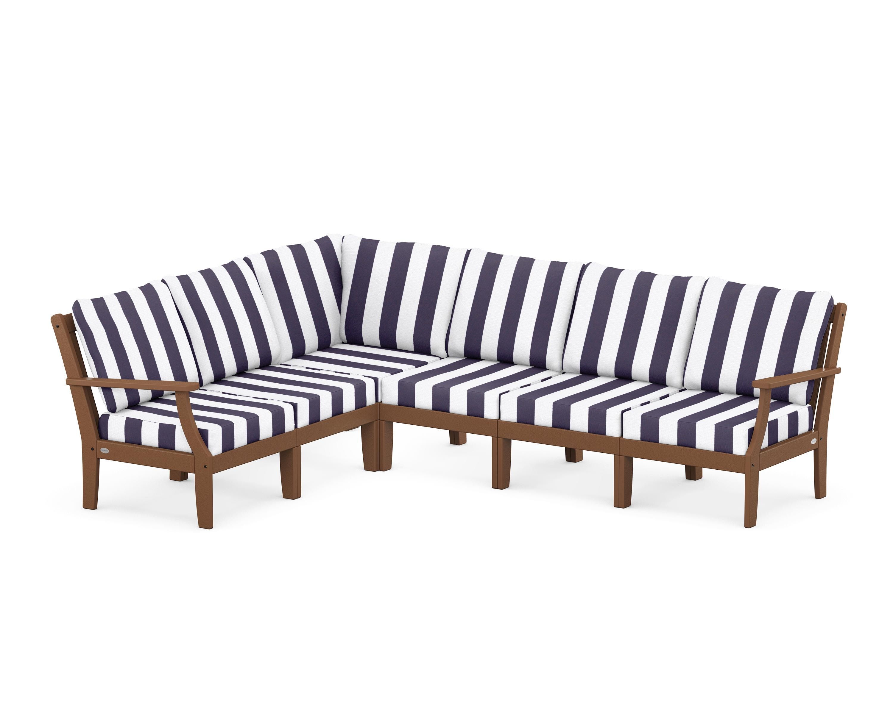 POLYWOOD® Braxton Modular 6-Piece Deep Seating Set in Teak / Cabana Stripe Navy
