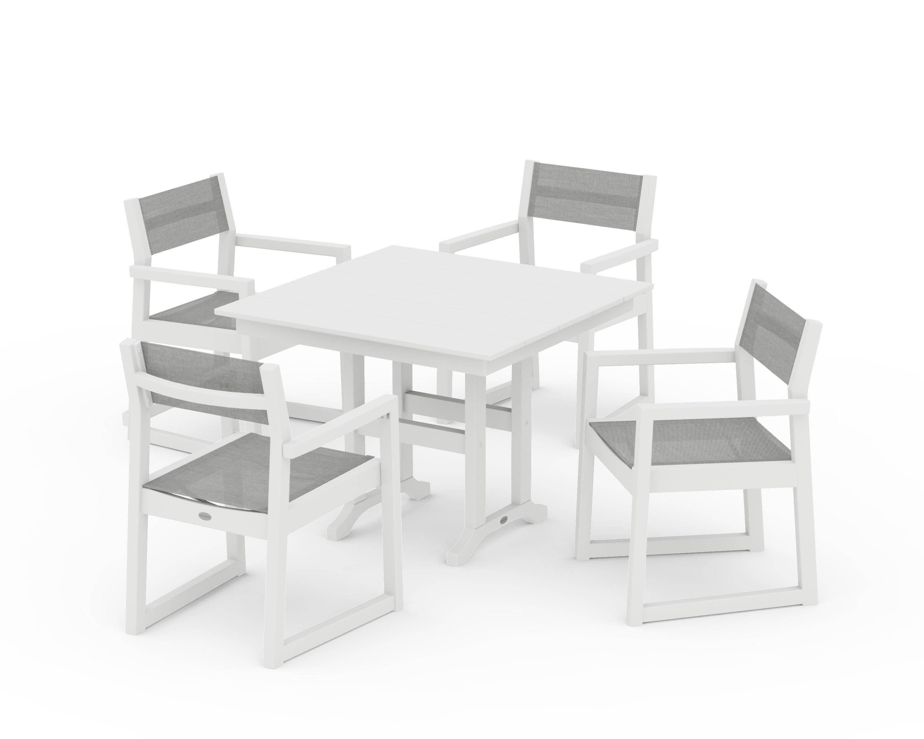 POLYWOOD® EDGE Sling Arm Chair 5-Piece Farmhouse Dining Set in White / Metallic Sling