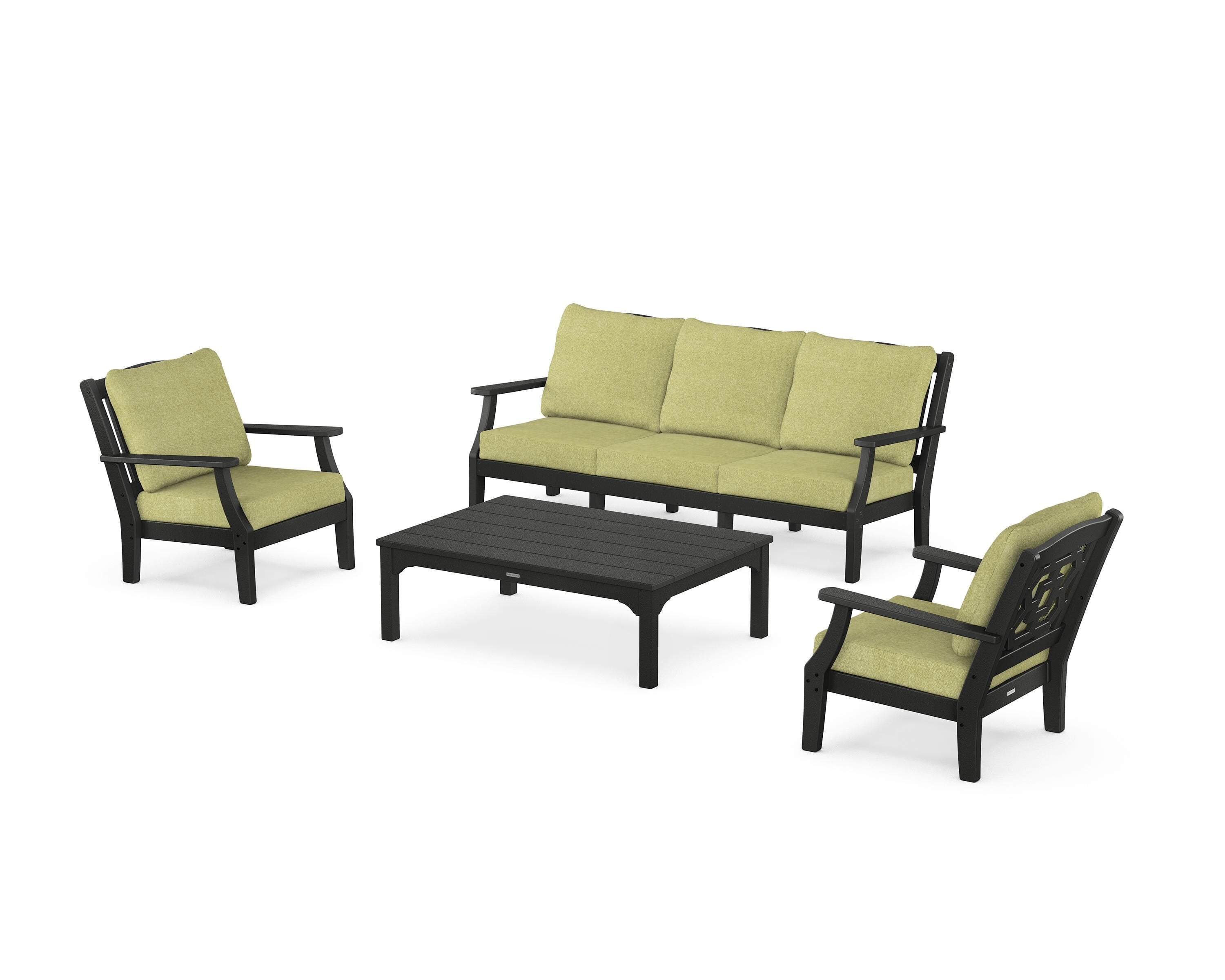 Martha Stewart by POLYWOOD® Chinoiserie 4-Piece Deep Seating Set with Sofa in Black / Chartreuse Boucle