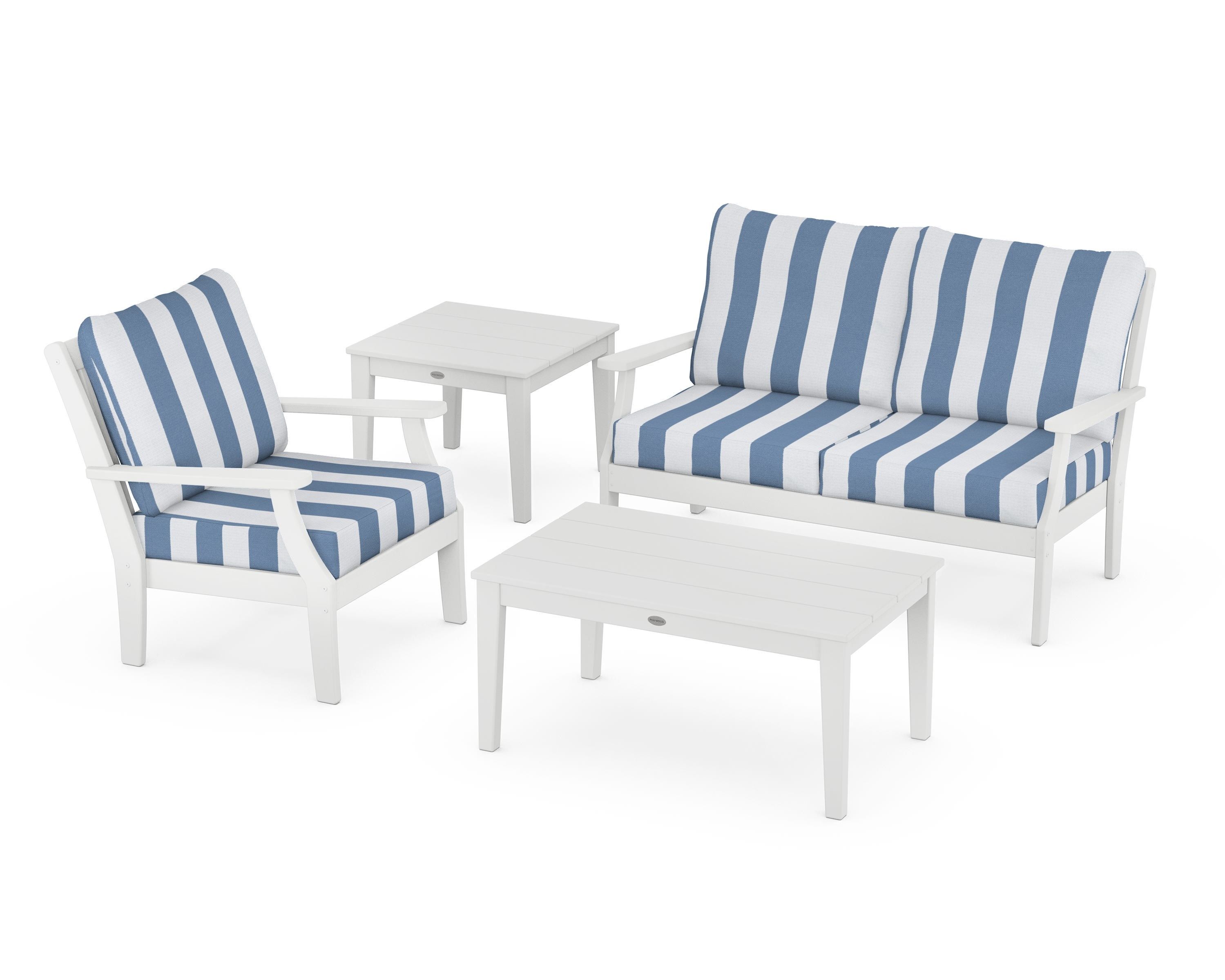 POLYWOOD® Braxton 4-Piece Deep Seating Set in White / Cabana Stripe Sky Blue