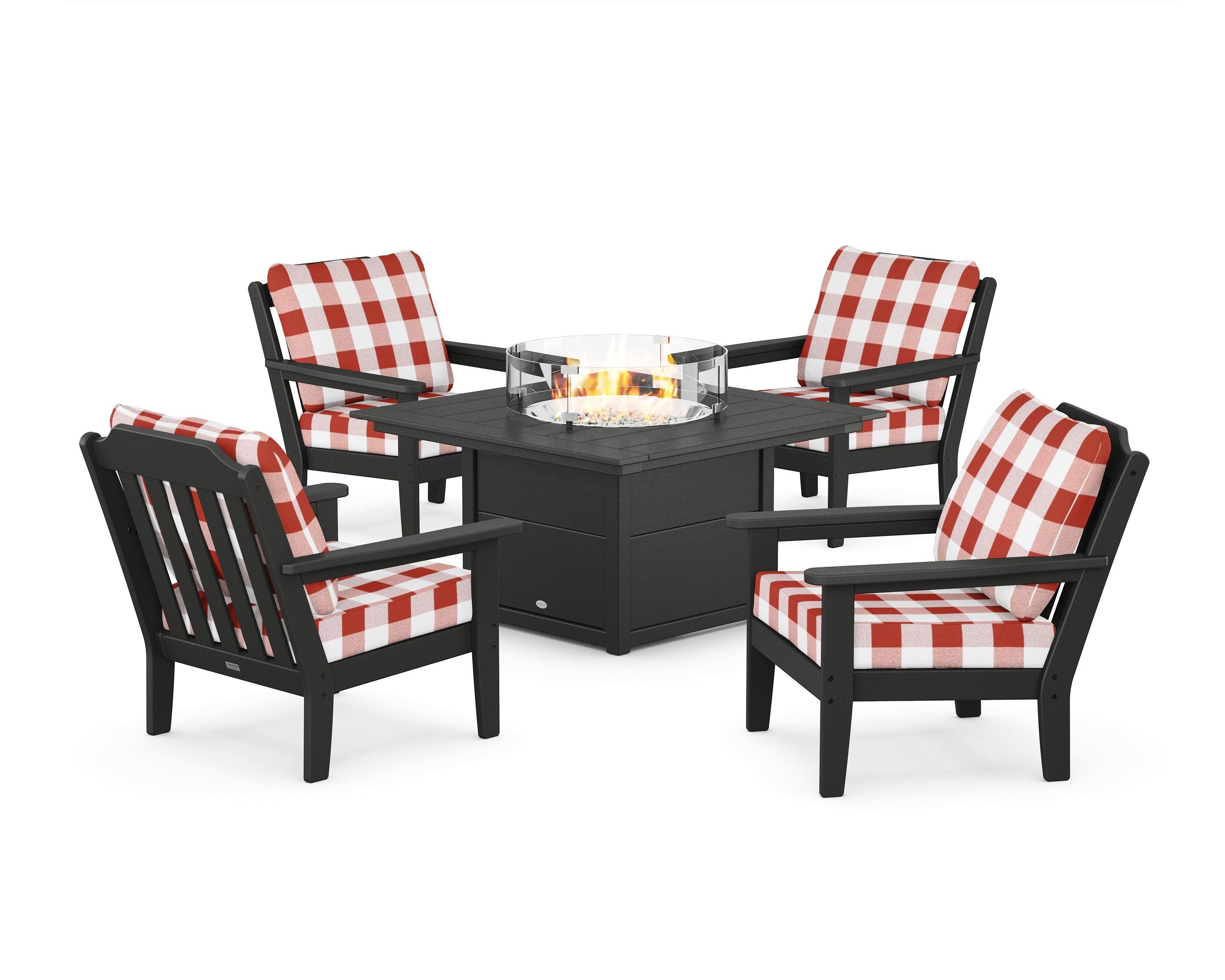 Country Living Cottage 5-Piece Deep Seating Set with Fire Pit Table in Black / Buffalo Plaid Crimson