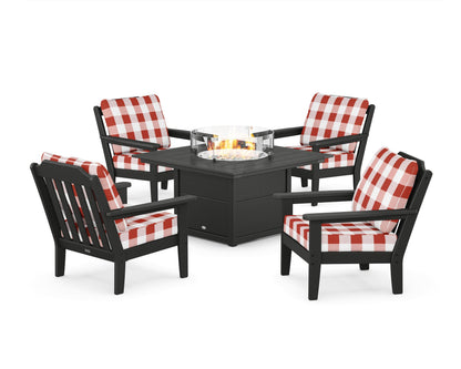 Country Living Cottage 5-Piece Deep Seating Set with Fire Pit Table in Black / Buffalo Plaid Crimson