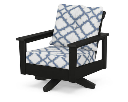 POLYWOOD® Prescott Deep Seating Swivel Chair in Black / Trellis Sky Blue