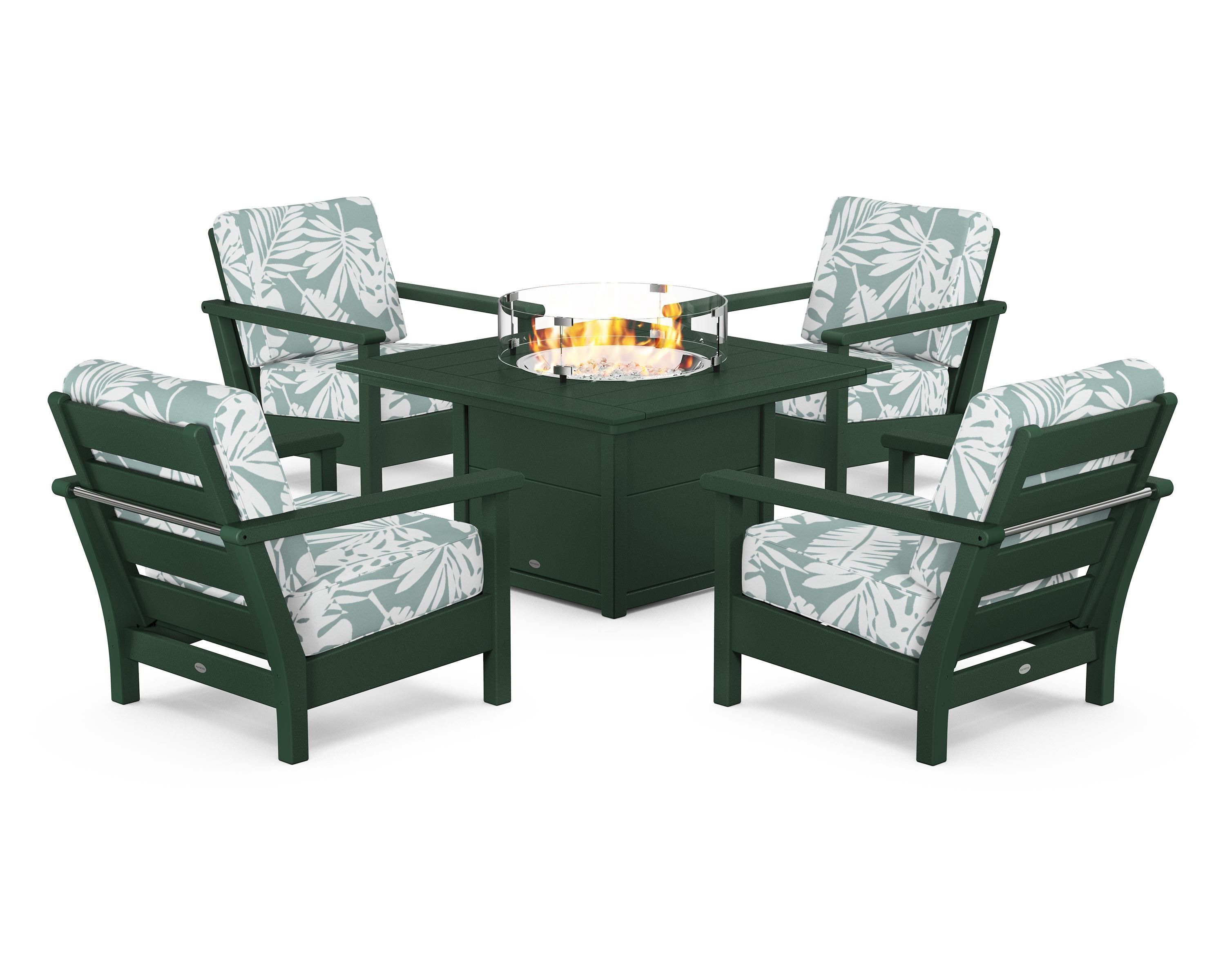 POLYWOOD® Harbour 5-Piece Conversation Set with Fire Pit Table in Green / Leaf Glacier Spa