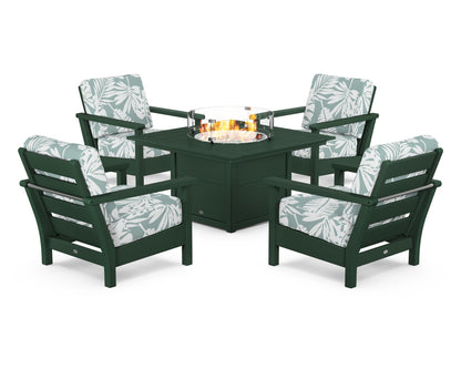 POLYWOOD® Harbour 5-Piece Conversation Set with Fire Pit Table in Green / Leaf Glacier Spa
