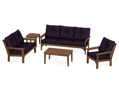 POLYWOOD® Vineyard 5 Piece Deep Seating Set in Teak / Navy Linen
