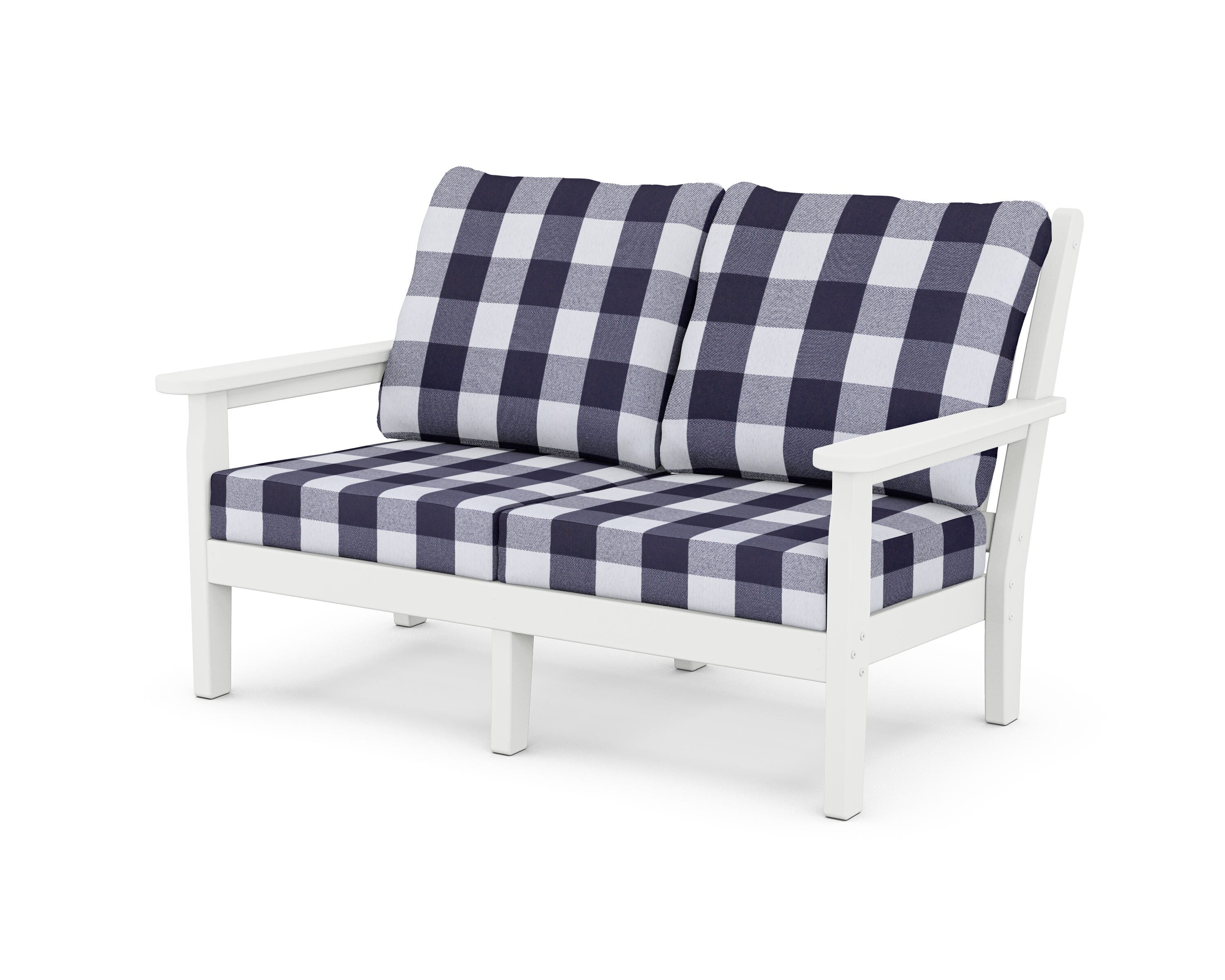 POLYWOOD® Chippendale Deep Seating Loveseat in White / Buffalo Plaid Navy
