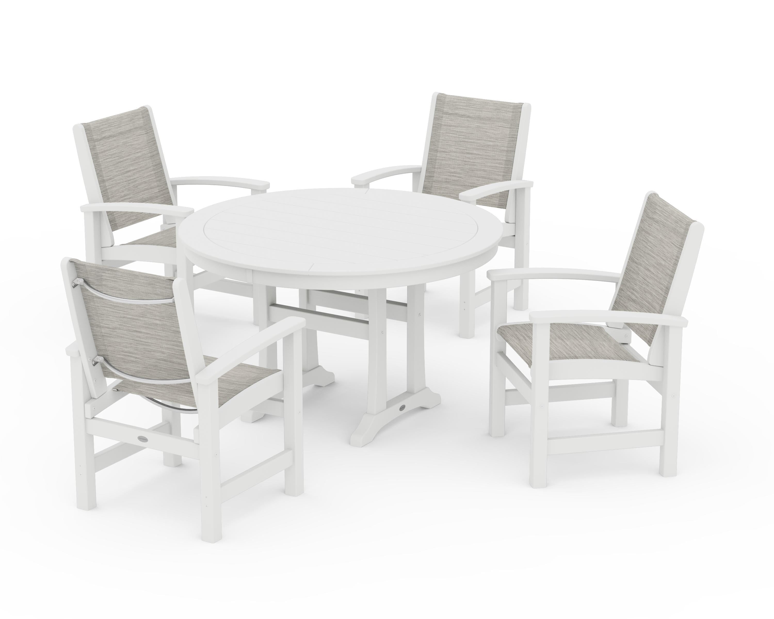 POLYWOOD® Coastal 5-Piece Round Dining Set with Trestle Legs in White / Birch Sling