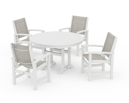 POLYWOOD® Coastal 5-Piece Round Dining Set with Trestle Legs in White / Birch Sling
