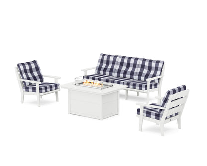 POLYWOOD® Lakeside Deep Seating Fire Pit Table Set in White / Buffalo Plaid Navy