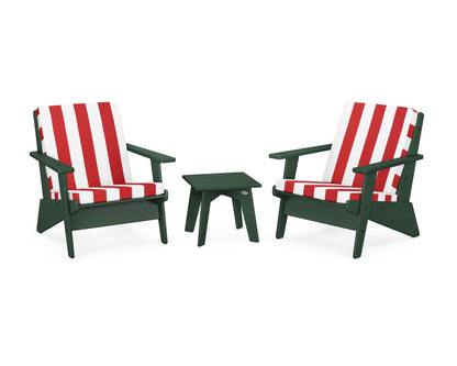 POLYWOOD® Riviera Modern Lounge 3-Piece Set in Green / Cabana Stripe Crimson