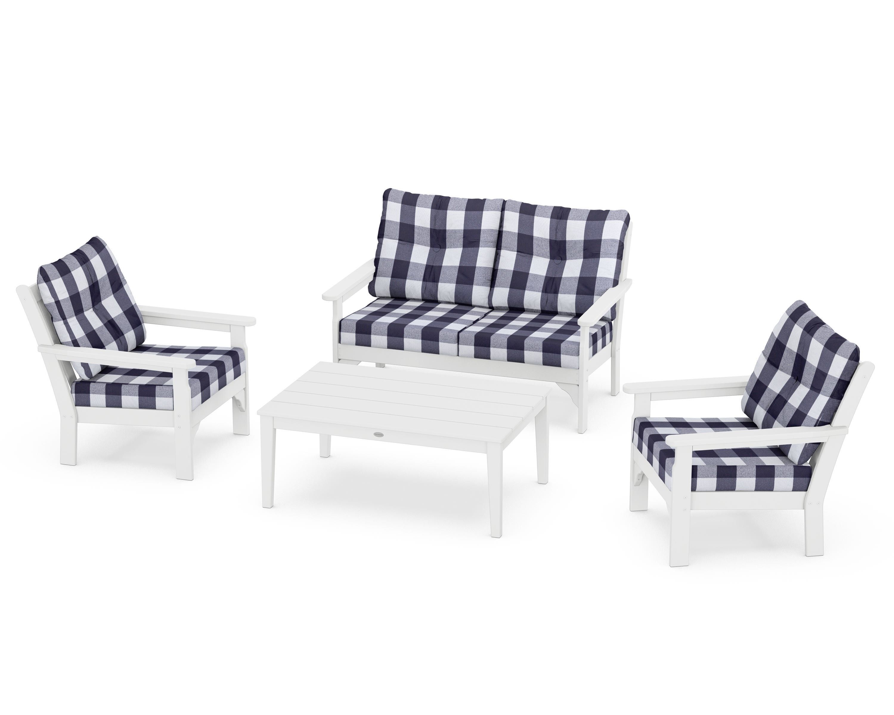 POLYWOOD® Vineyard 4-Piece Deep Seating Set in White / Buffalo Plaid Navy